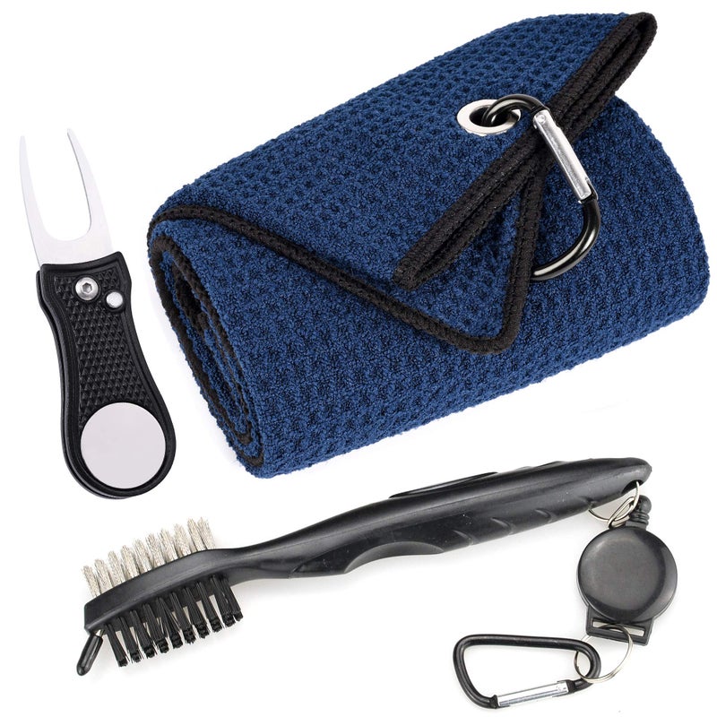 Mile High Life Microfiber Waffle Pattern Golf Towel | Club Groove Cleaner Brush | Foldable Divot Tool with Magnetic Ball Marker (Navy Towel/Brush/Bone Divot) - Image 1